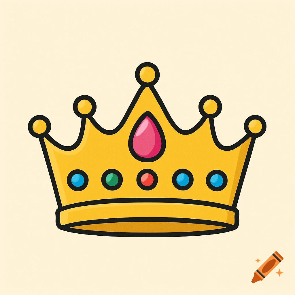A cartoon-style gold crown with a pink central gem and colorful gems on a light background.