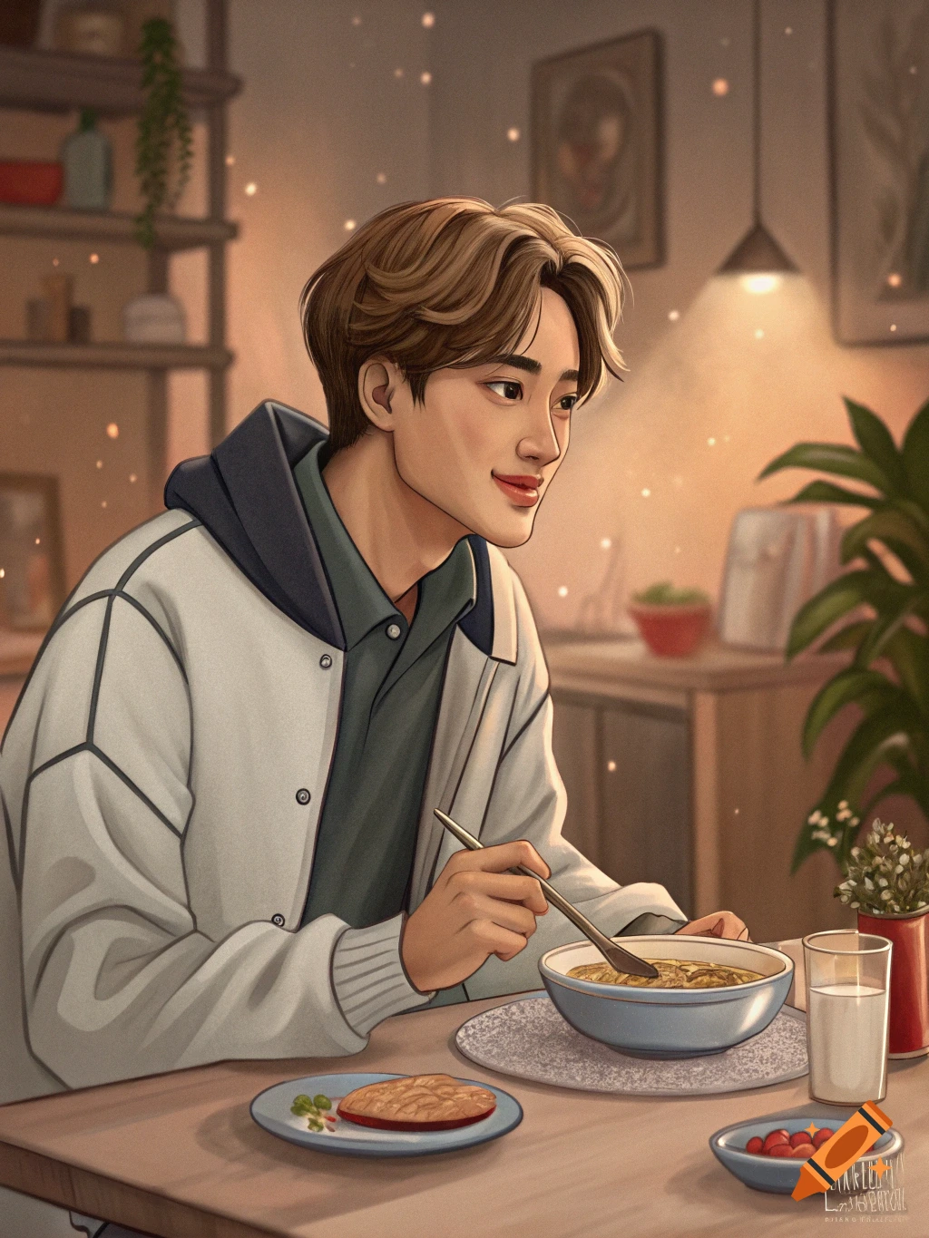 A young man in an anime illustration style eats a bowl of noodles at a table.