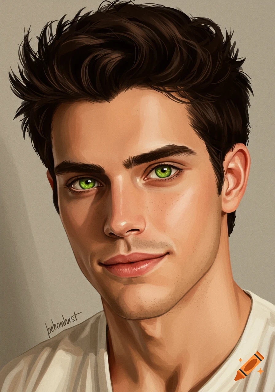 Digital painting of a young man with dark hair and bright green eyes smiling