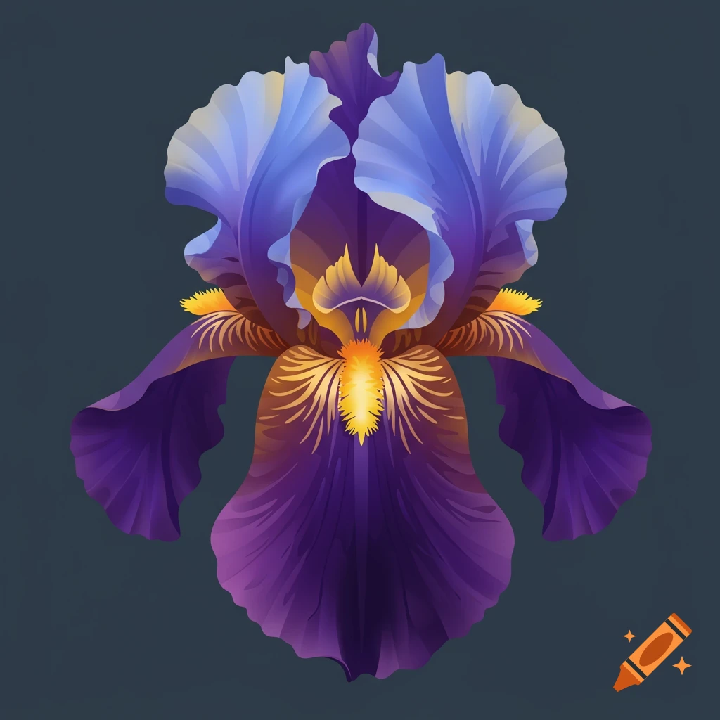 Vector illustration of a purple and blue iris flower on a dark background.