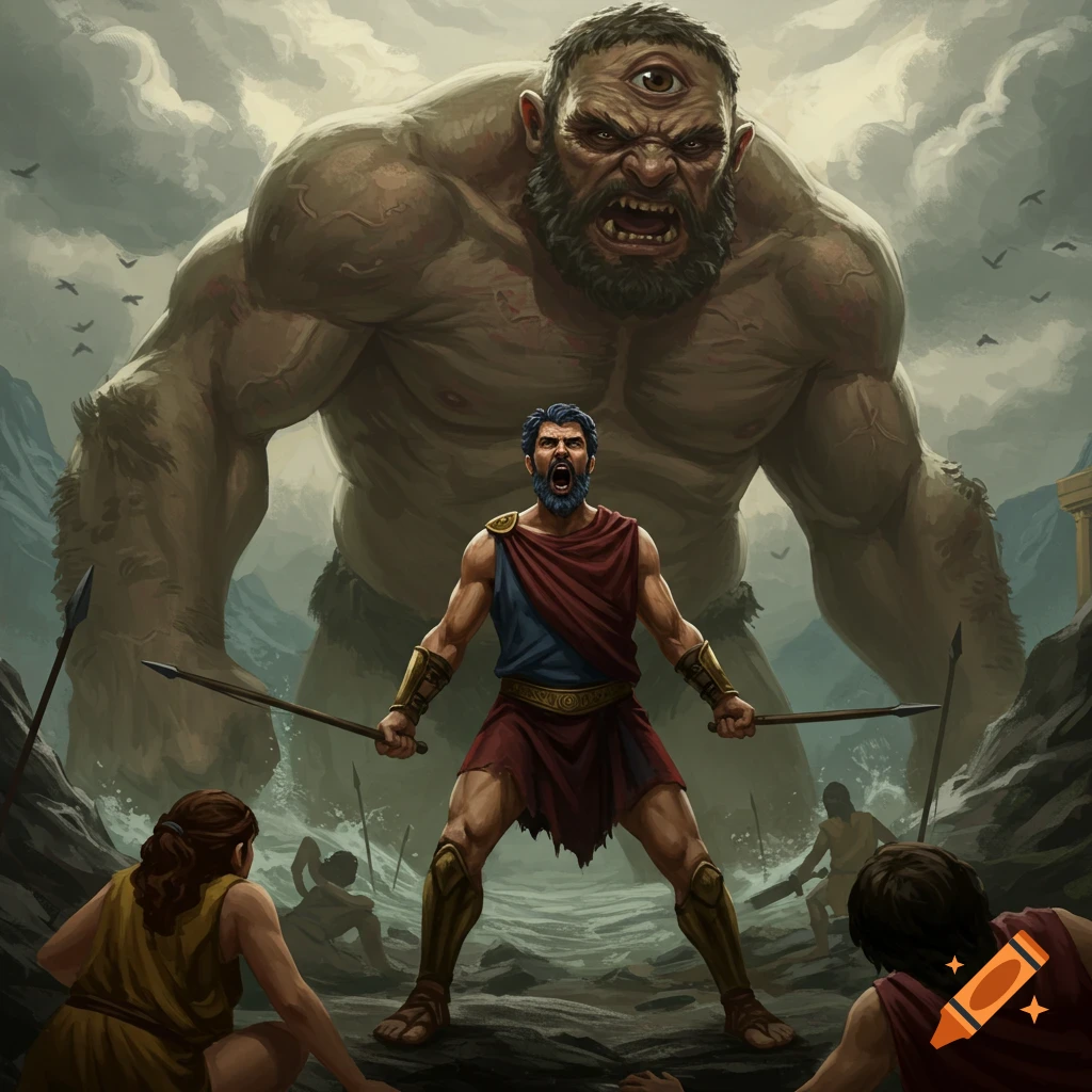 Illustration of Odysseus shouting at a giant cyclops in a rocky landscape