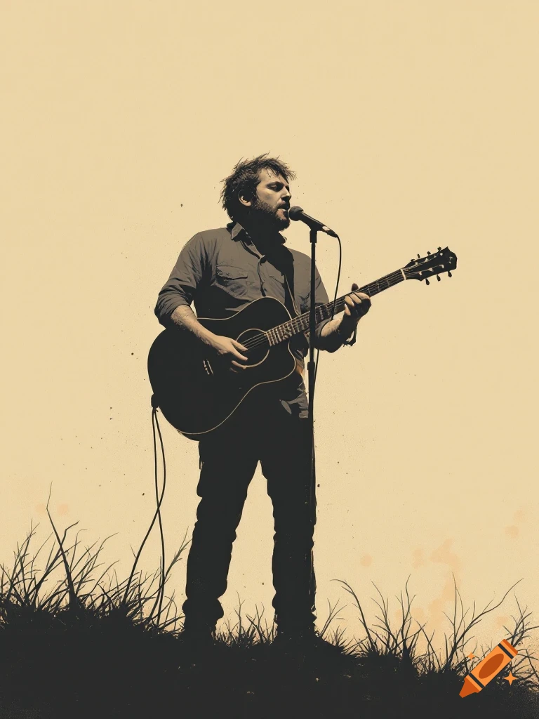 Silhouette of a musician playing guitar and singing into a microphone on a grassy hill.