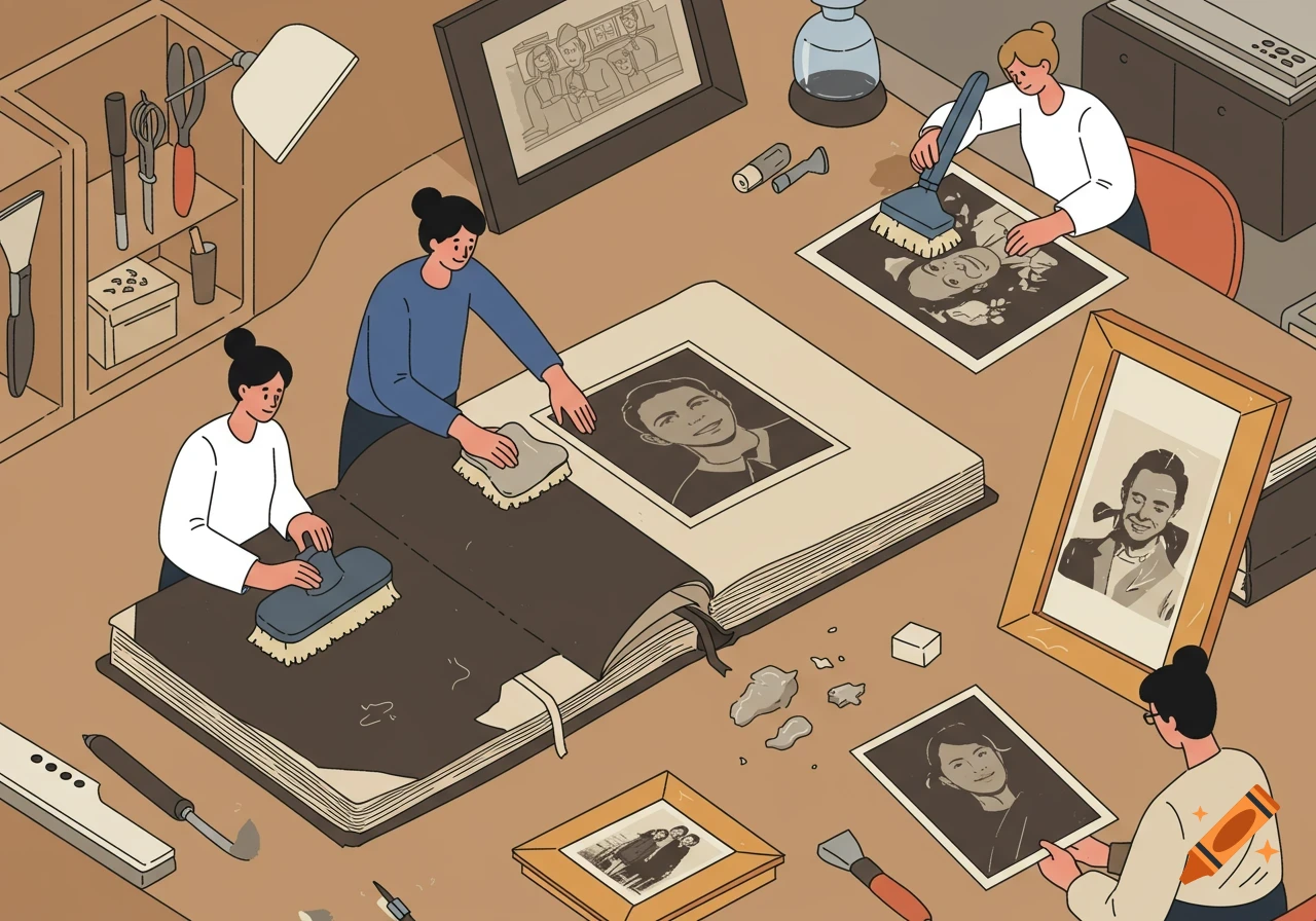Illustration of people cleaning old photos and a large album on a table with various tools.