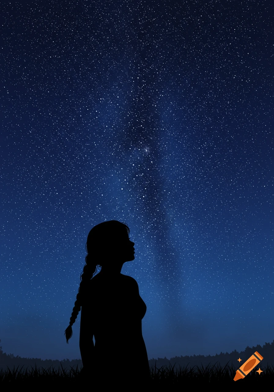 Silhouette of a person looking up at a starry night sky over a field.