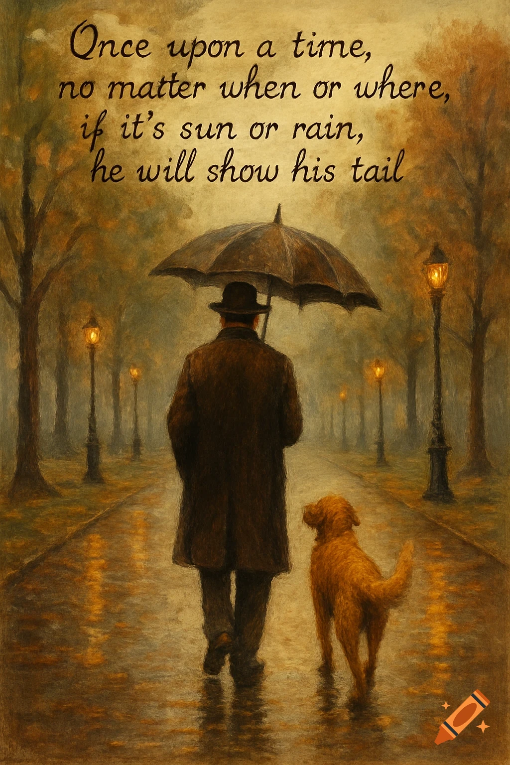 Painterly image of a man with umbrella walking a dog in a rainy park with text overlay.