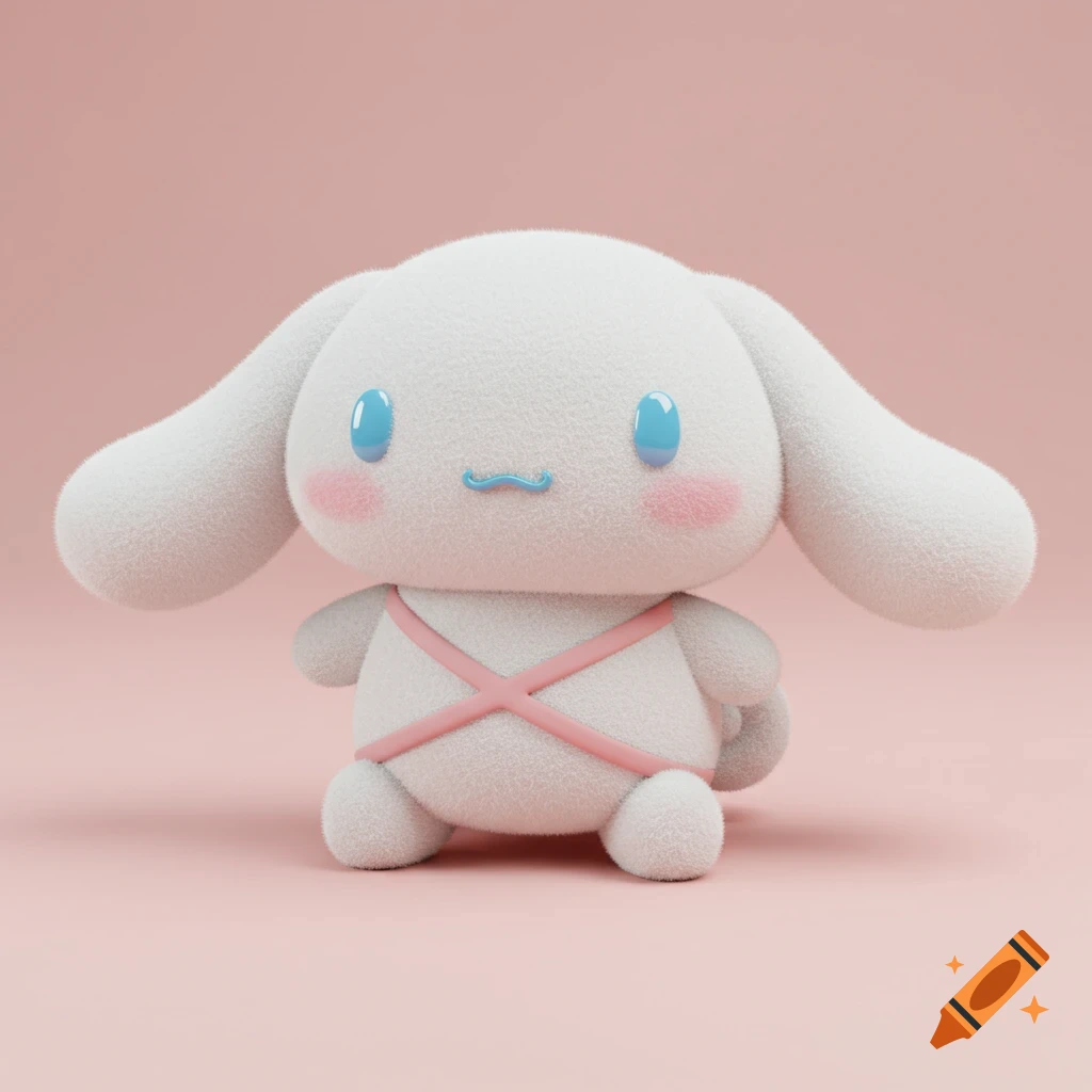 A fluffy white character with pink straps, blue eyes, and pink cheeks on a pink background.