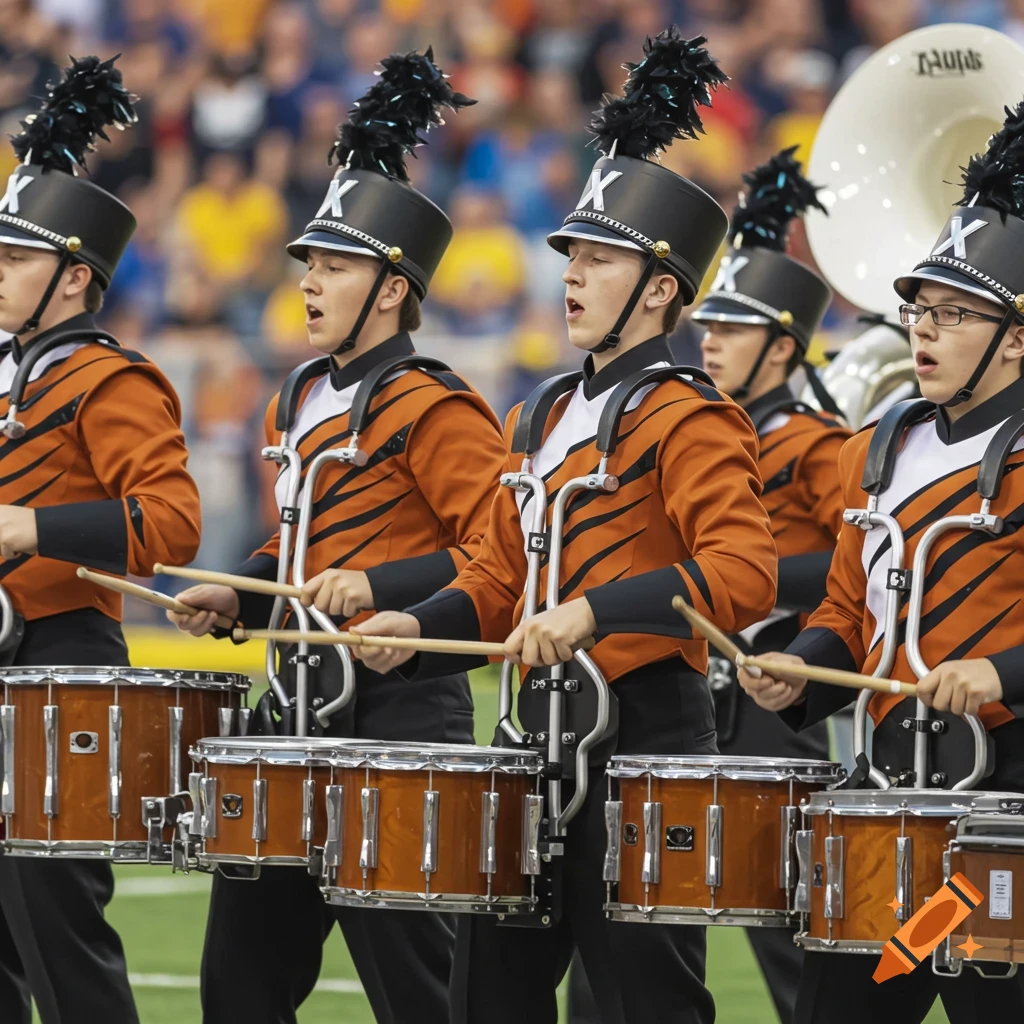 Marching band drummers in orange tiger stripe uniforms perform