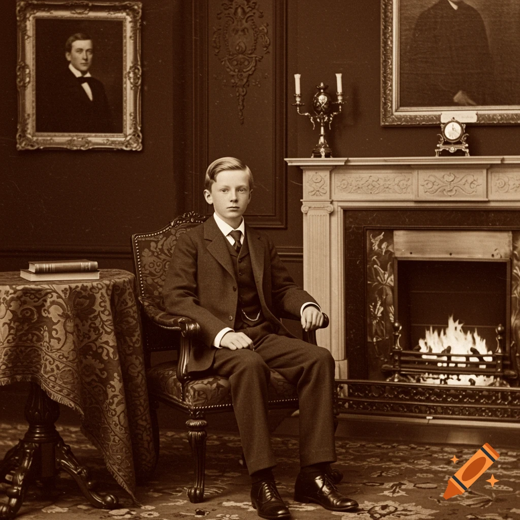 Sepia tone old photo of a young boy in a suit sitting in a chair in a room with a fireplace.