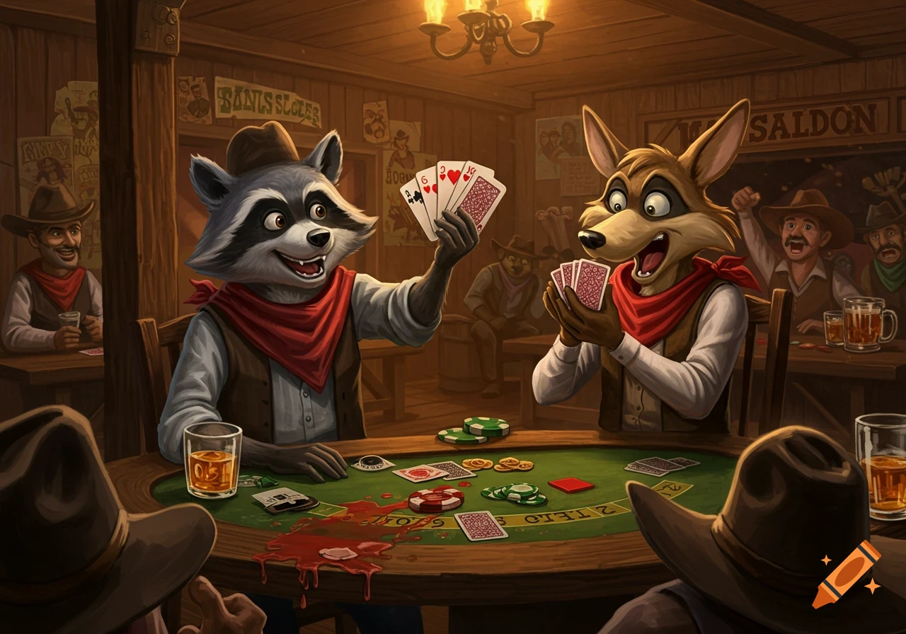 Anthropomorphic raccoon and coyote playing poker in a western saloon.
