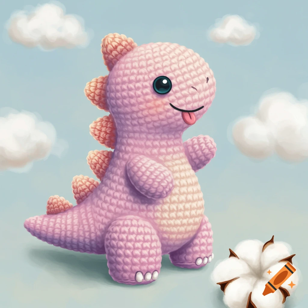 Cute pink crocheted dinosaur with clouds and cotton on a blue background