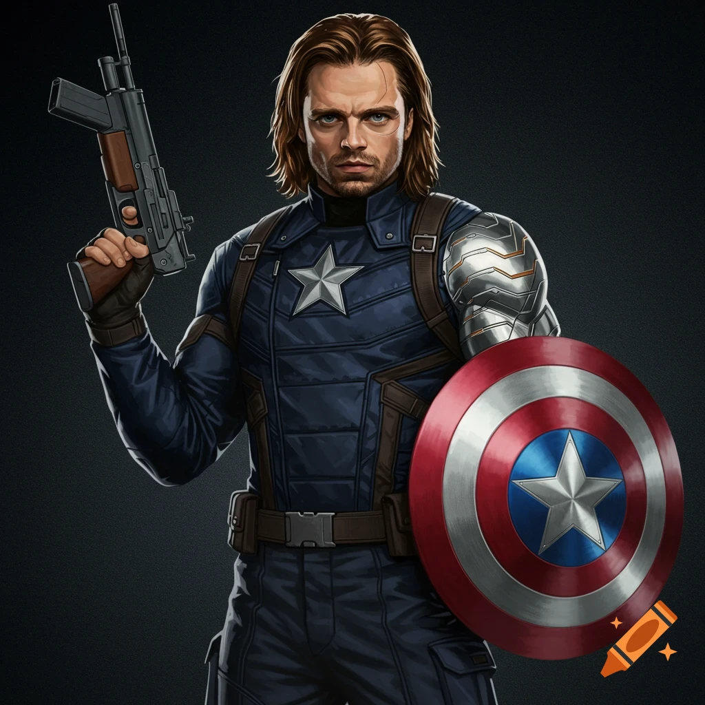 Concept art illustration of Bucky Barnes holding a gun and Captain America's shield.