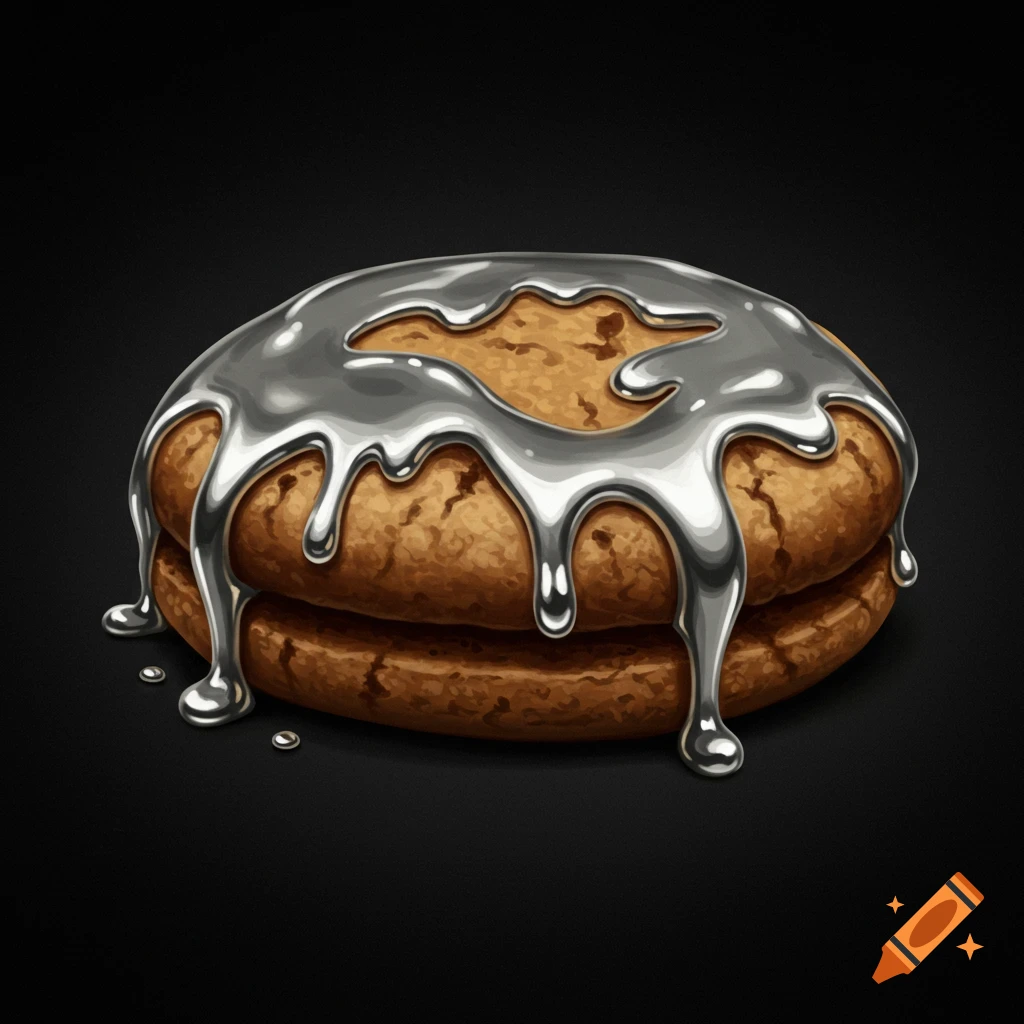 Two stacked cookies with shiny silver dripping down on a black background, stylized.