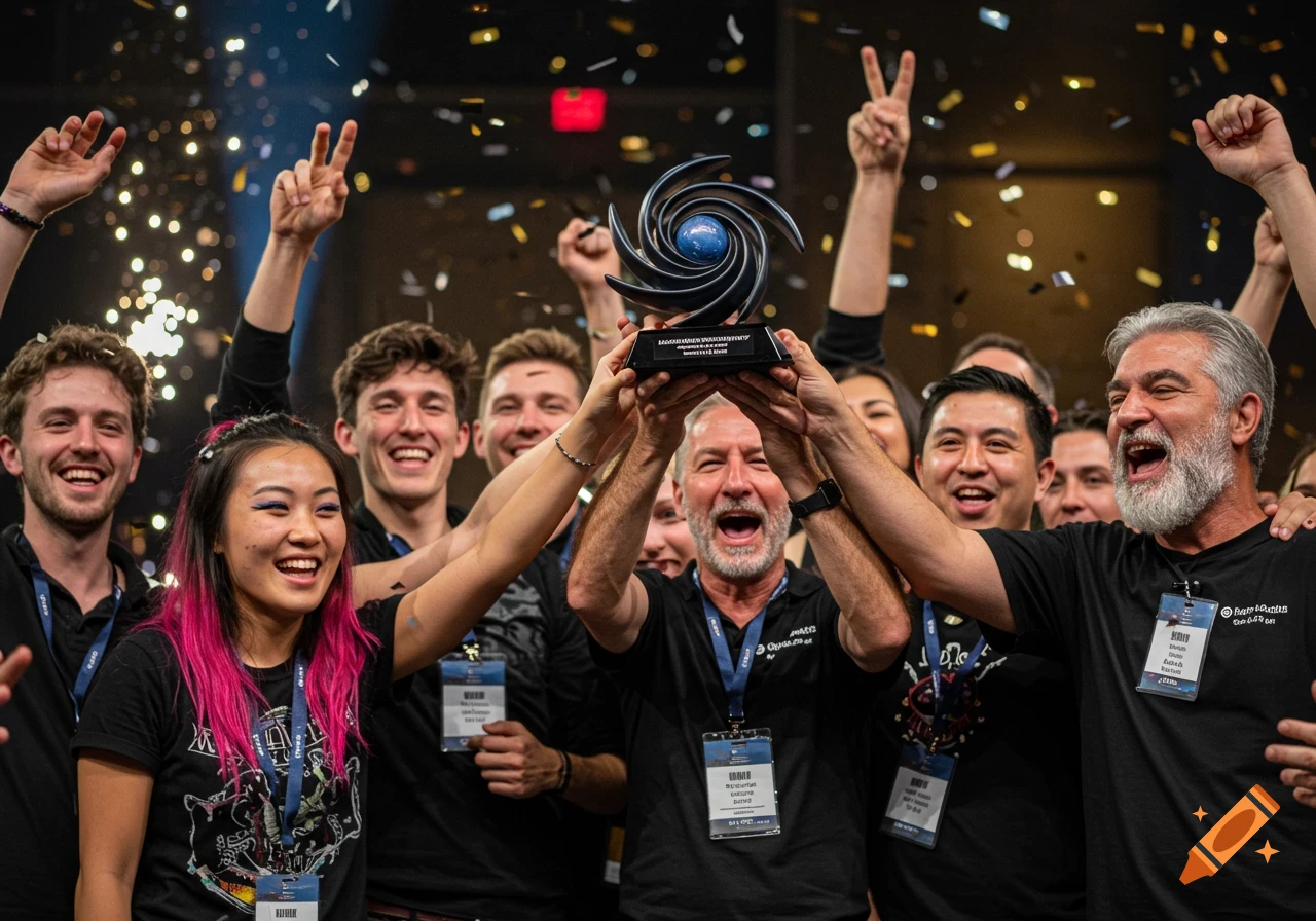 Group of people cheering and holding up a trophy with confetti falling.