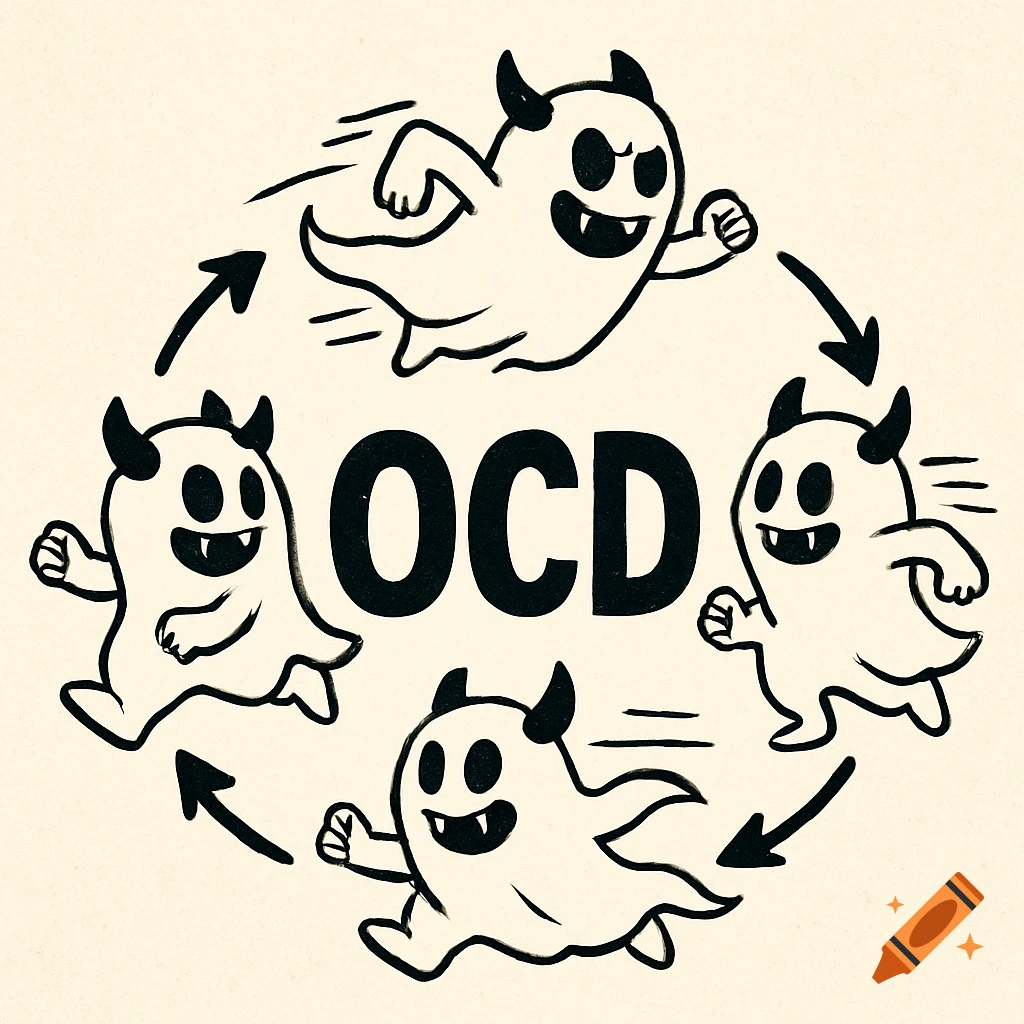 Cartoon illustration of four ghost-like demons running in a circle around the text 'OCD'.