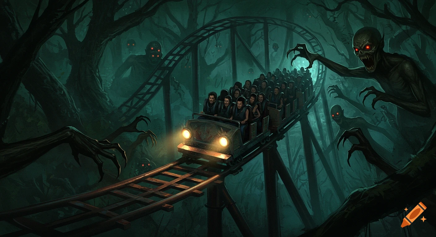 A rollercoaster car full of people rides through a dark forest populated by creepy monsters with glowing red eyes.