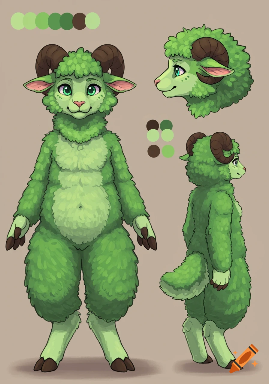 Green sheep furry character reference sheet with front, side, and head views, cartoon art style.