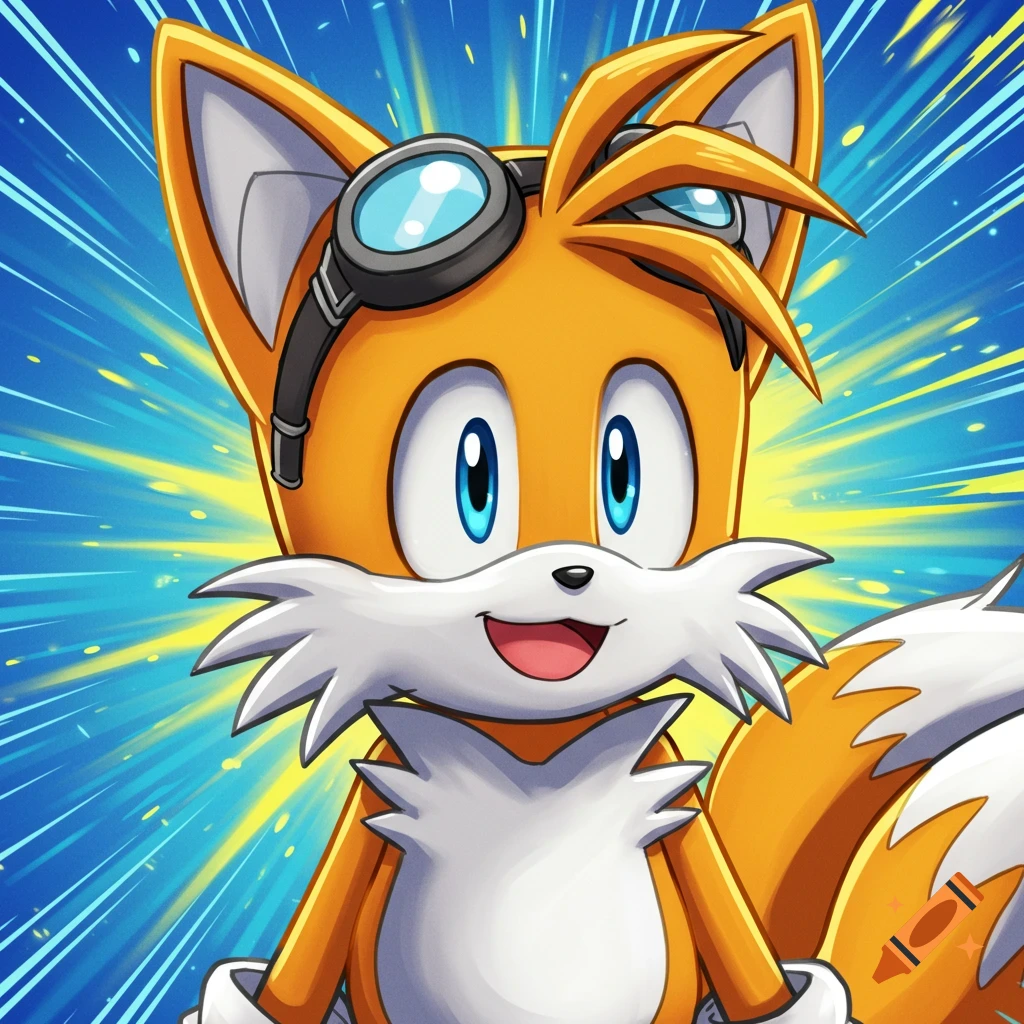 Close-up anime style portrait of Tails from Sonic the Hedgehog wearing goggles on his head, against a blue and yellow burst background.