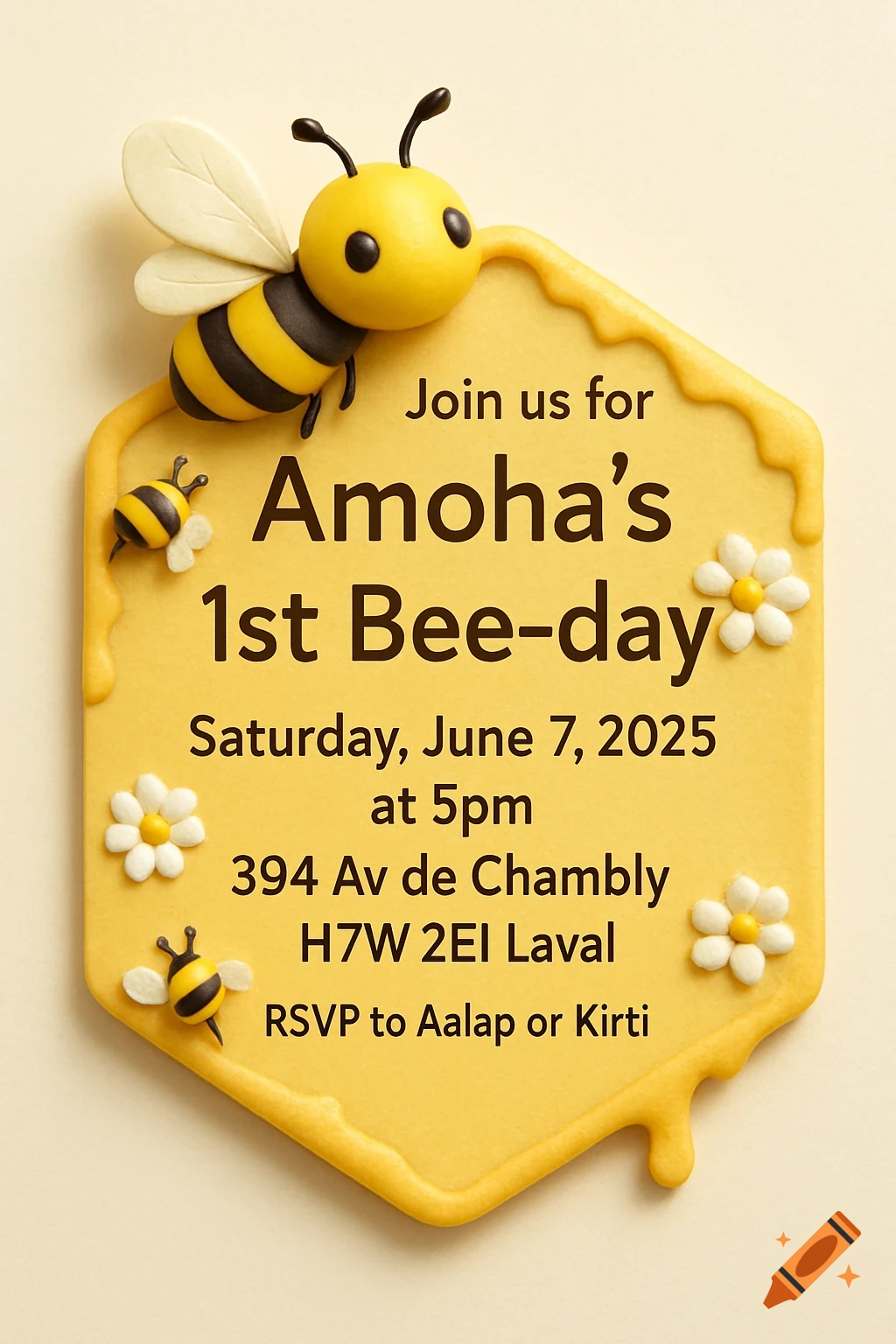 A 3D style honey-comb shaped birthday invitation with bees and flowers, containing party details.