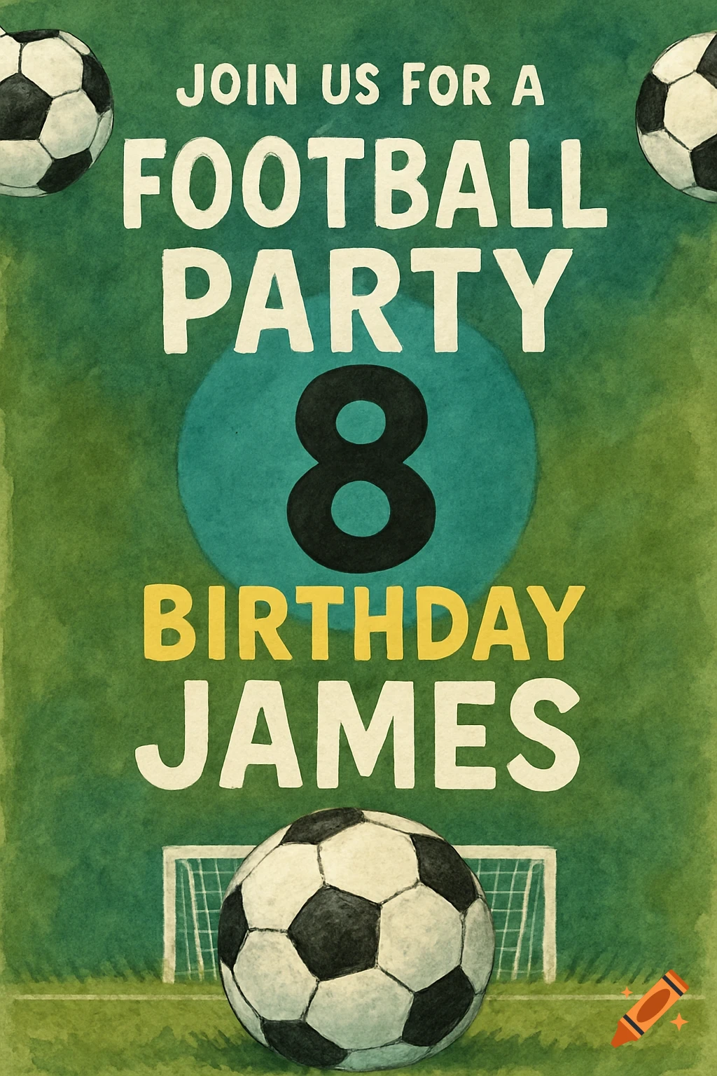 Football themed birthday invitation with text and soccer balls.