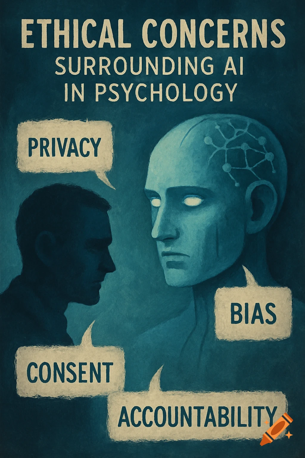 Stylized illustration of a human silhouette facing an AI head, with text bubbles and title about ethical concerns in psychology.