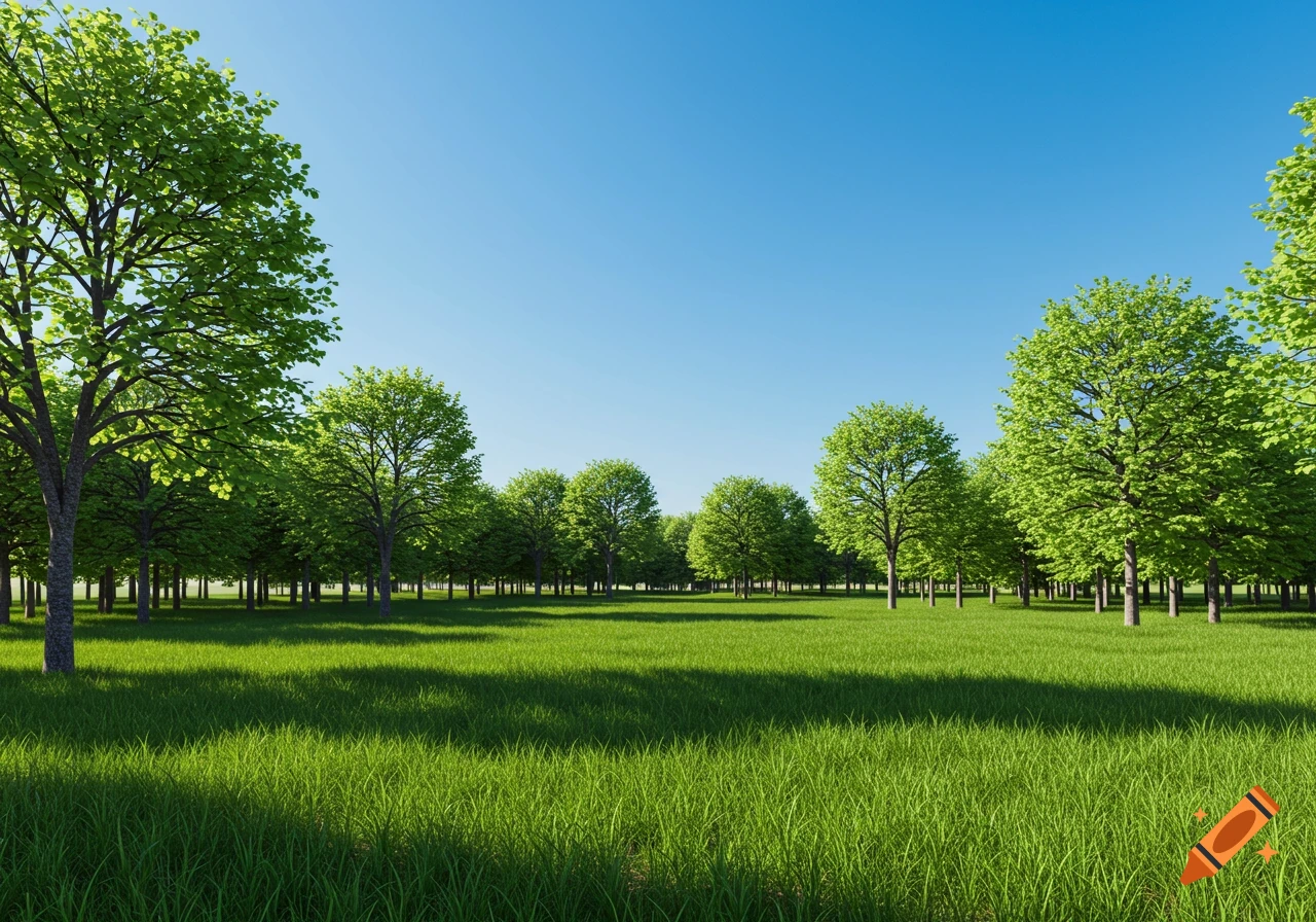 Digital render of a grassy field with many green trees under a clear blue sky.