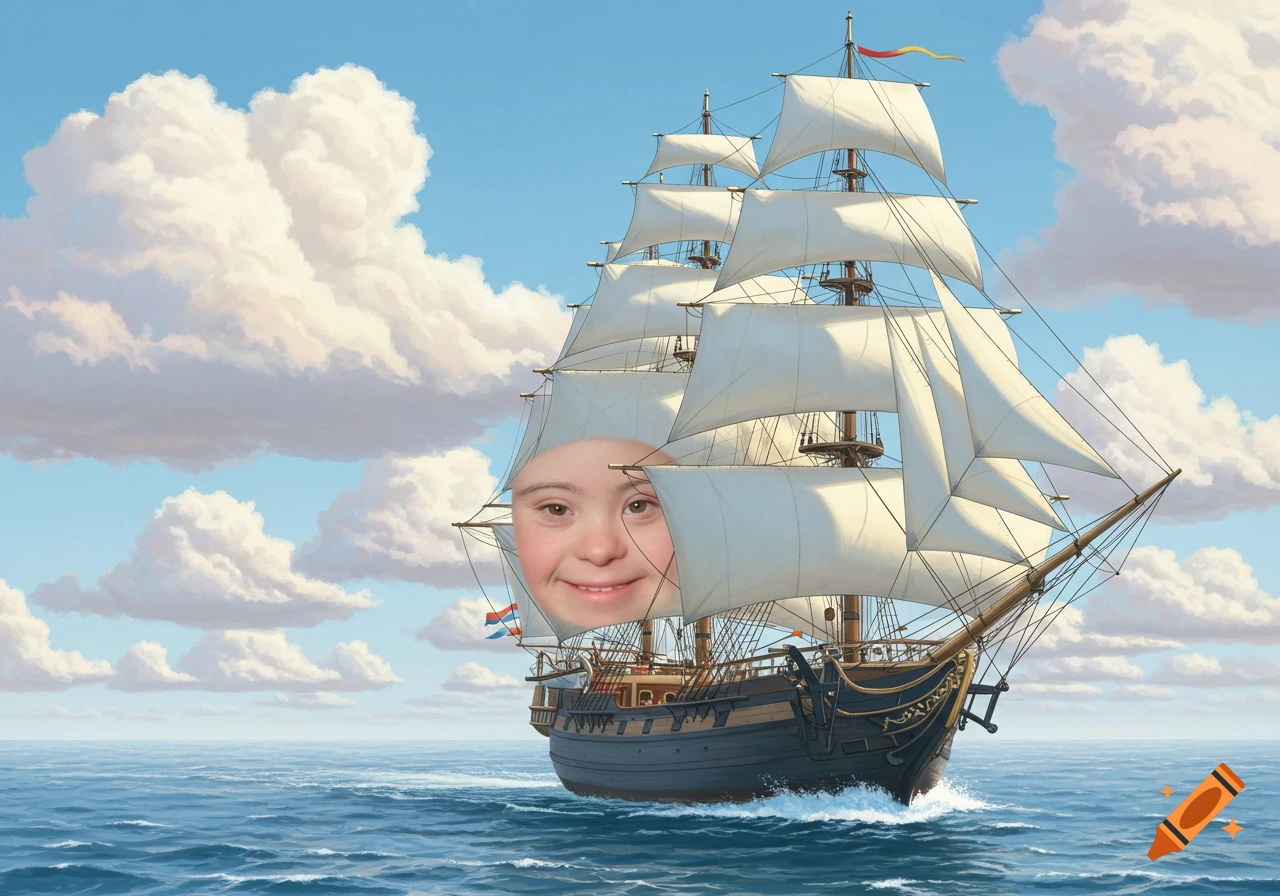 A sailing ship with a smiling human face superimposed on its bow, at sea under a cloudy sky.