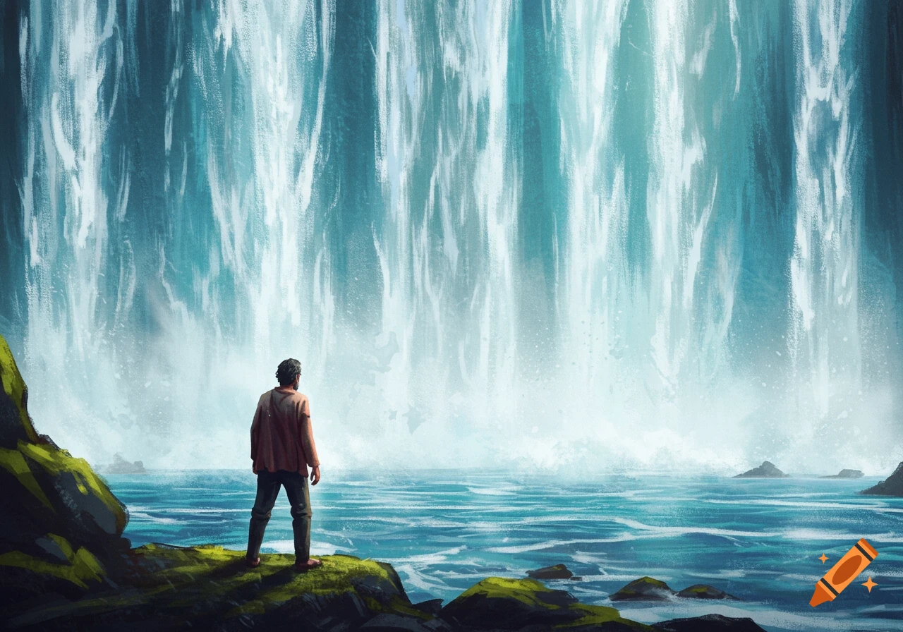 A lone figure stands on a rocky shore, looking out at a vast waterfall cascading into a turbulent body of water. Painterly style.