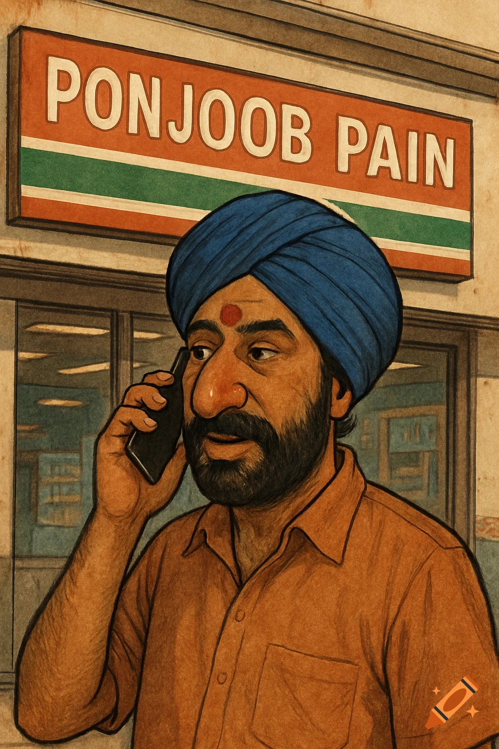 An illustration of an Indian man in a blue turban talking on a cell phone in front of a storefront sign that reads "PONJOOB PAIN".