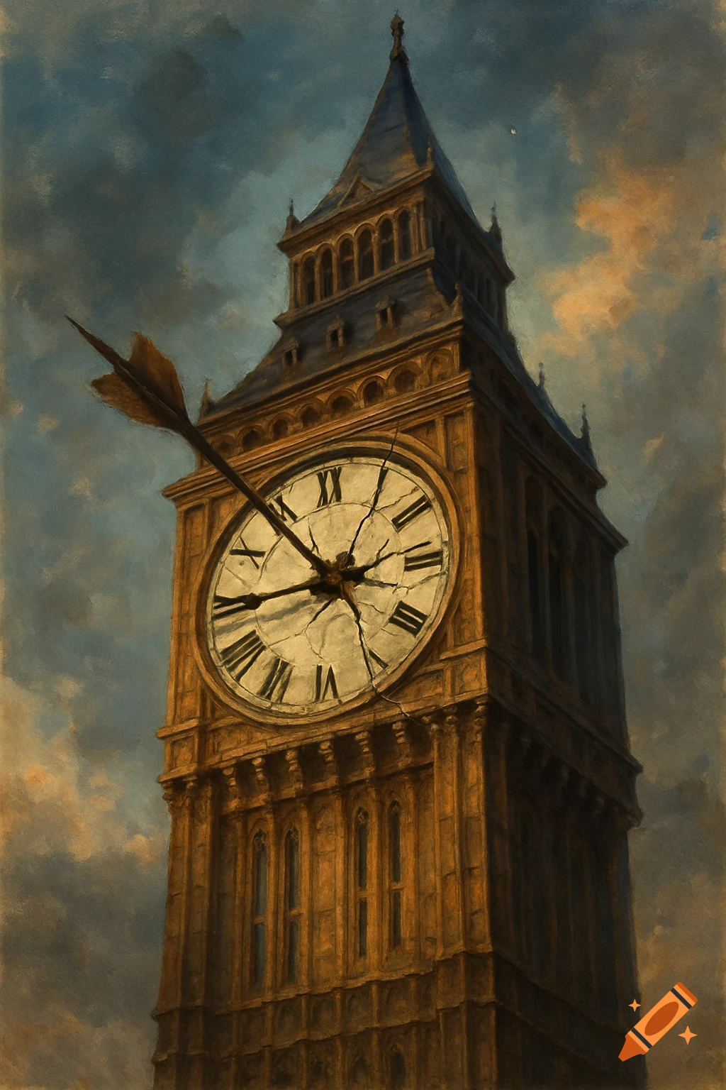 A painted clock tower is pierced by a large arrow, cracking the clock face under a cloudy sky.