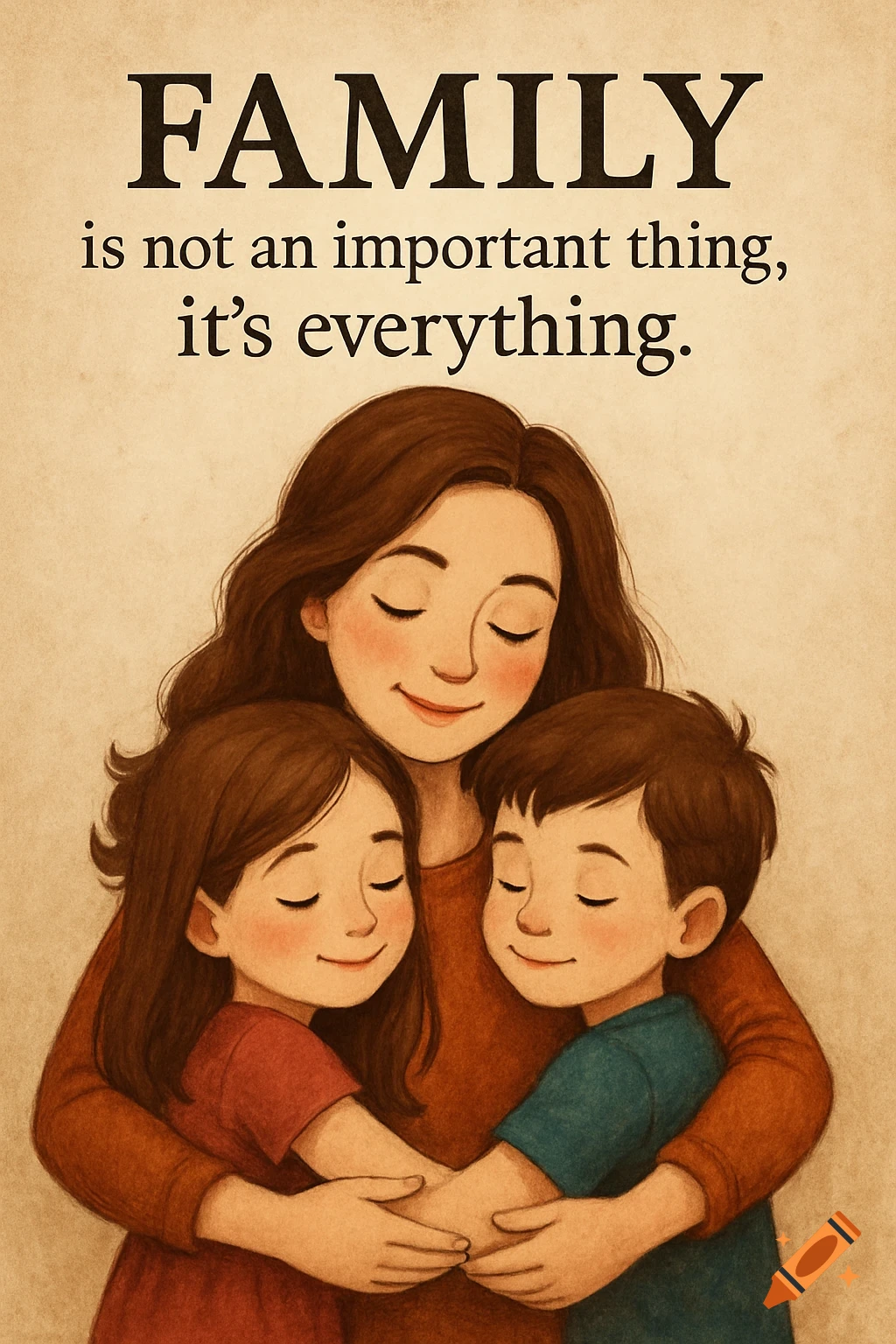 Illustration of a mother hugging her children with a family quote above them.
