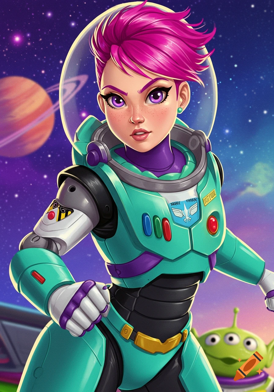 Stylized portrait of a girl in a Buzz Lightyear spacesuit with pink hair, in space with planets and a Green Alien.