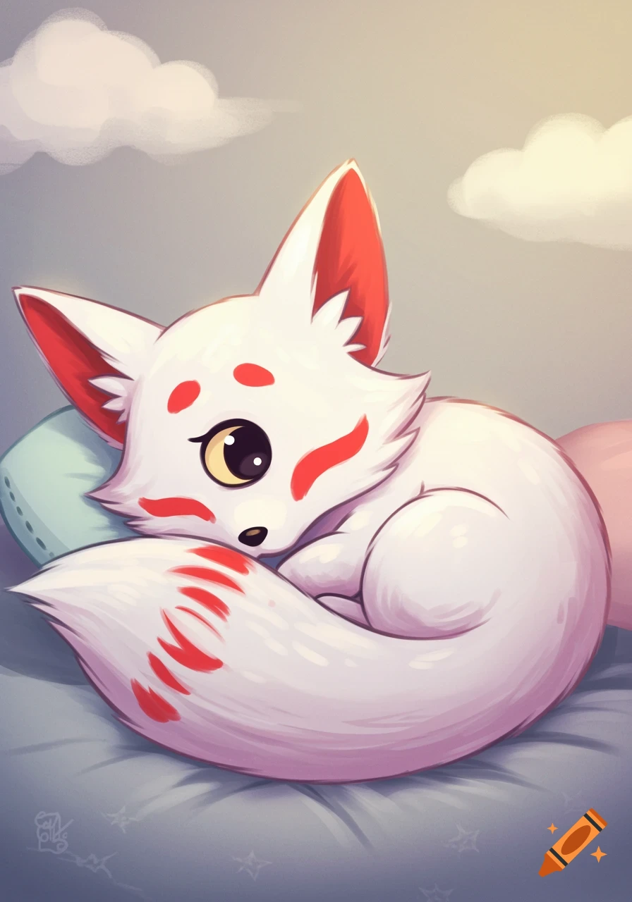 Cartoon kitsune fox curled up sleeping on a pillow