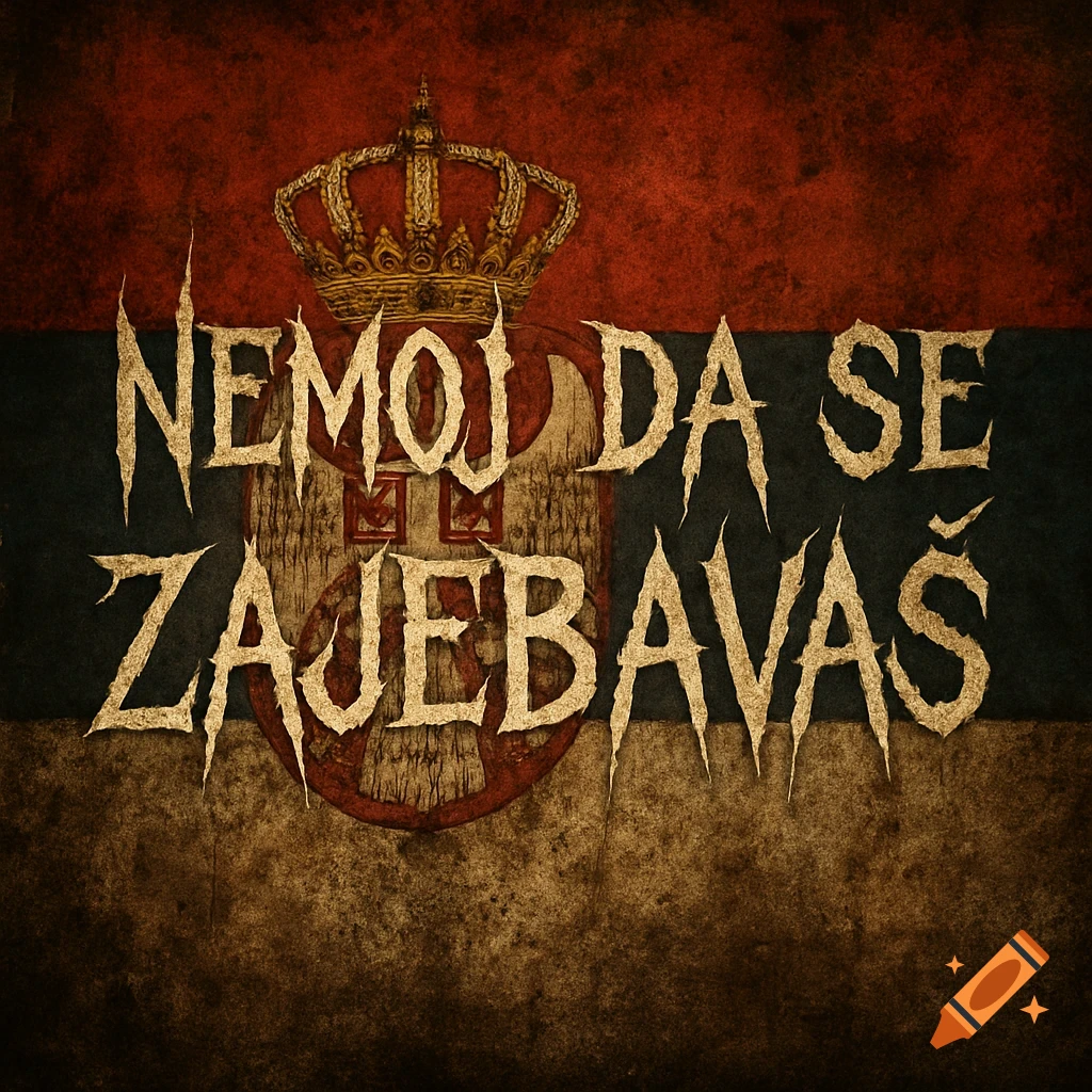 Worn and grunge textured Serbian flag with the text "NEMOJ DA SE ZAJEBAVAŠ" in a scary, spiky font.