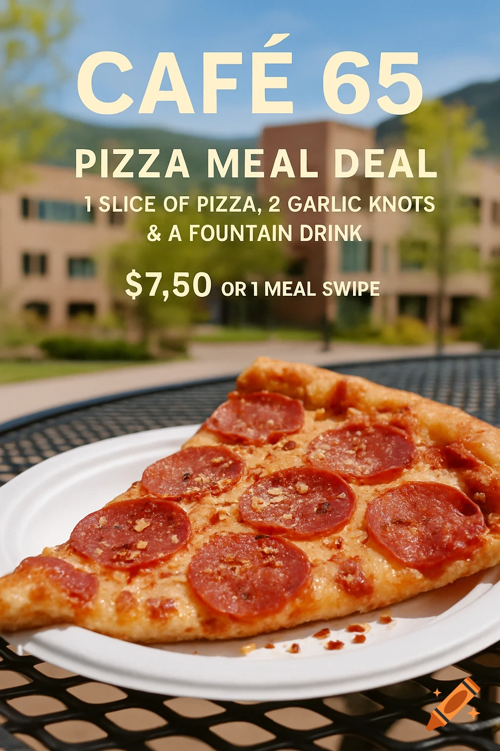 Close-up of a pepperoni pizza slice on a plate outdoors, with text promoting a pizza meal deal.