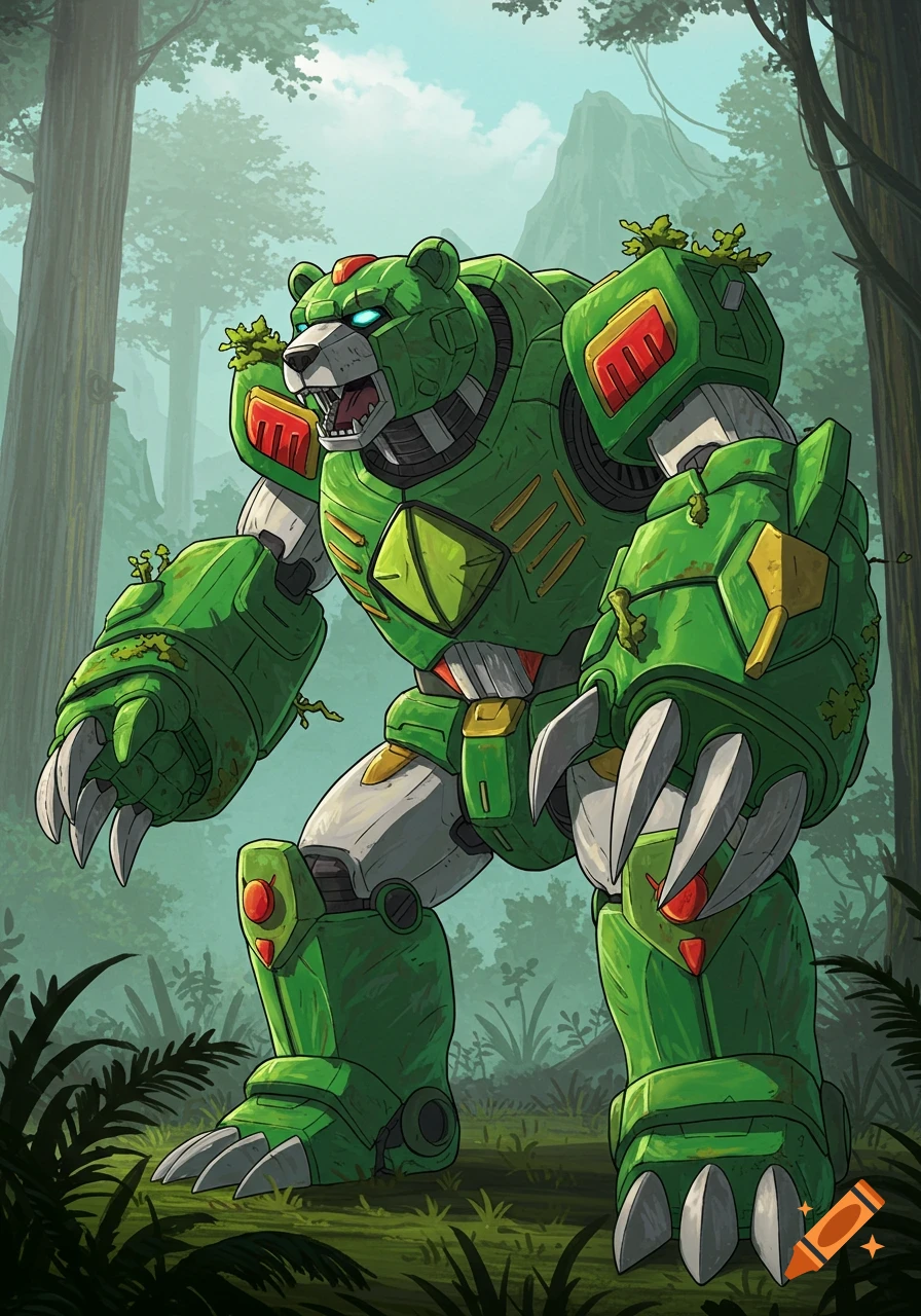 Illustration of a giant green robotic bear (zord) standing in a forest.