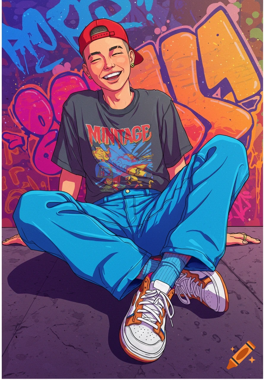 Smiling person in 90s style clothes sitting in front of graffiti, illustration.