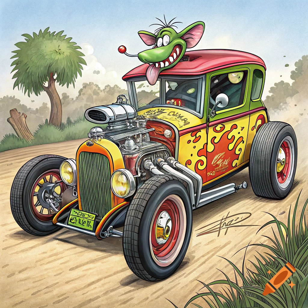 Cartoon illustration of a hot rod with a green creature head sticking out the top, parked on a dirt road.