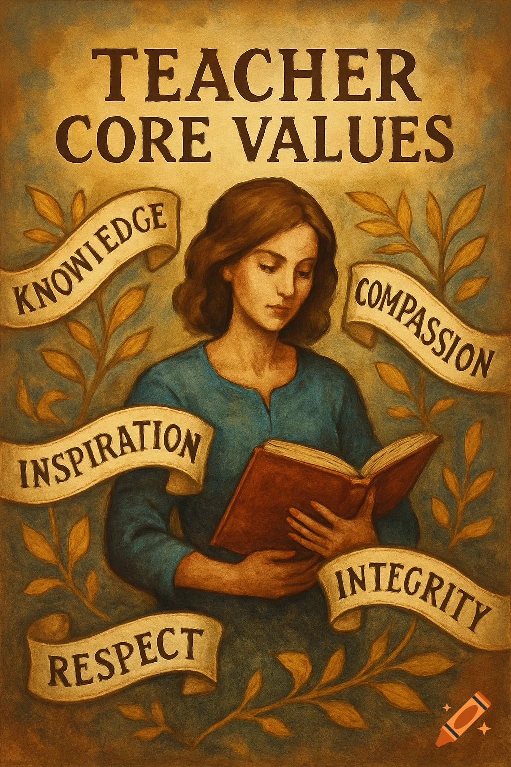 An illustration of a woman reading a book, surrounded by banners listing "Teacher Core Values" such as Knowledge, Compassion, and Integrity, in a painted style.