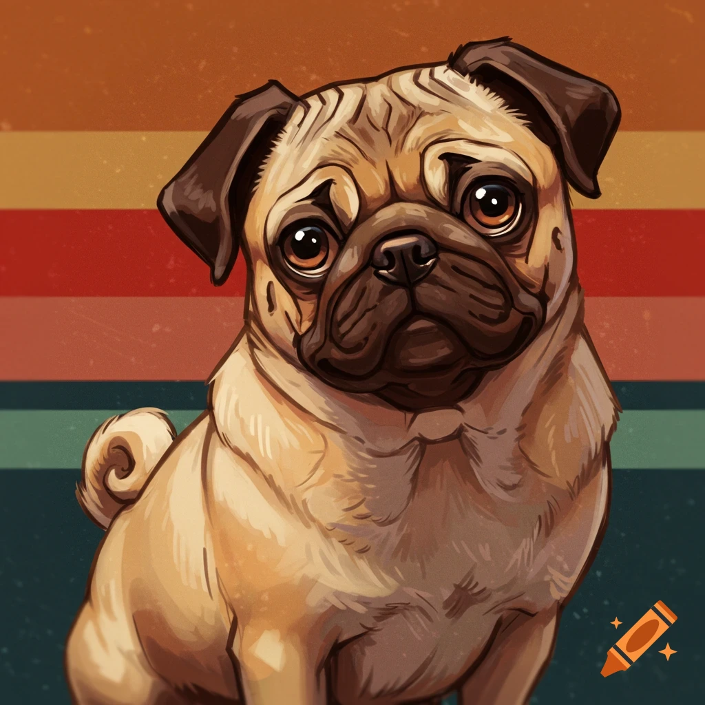 A cartoonish pug sits in front of a retro striped background.
