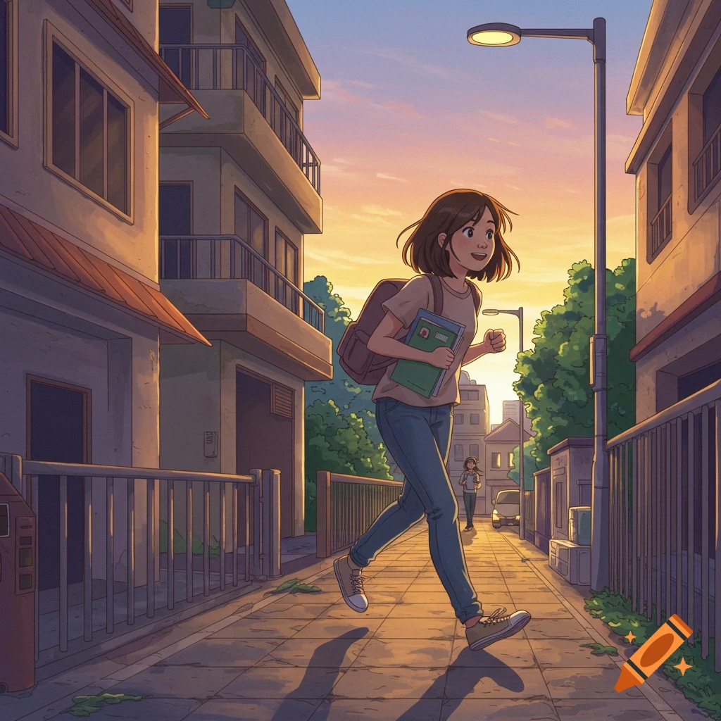 Anime style illustration of a student running down a street at sunset.