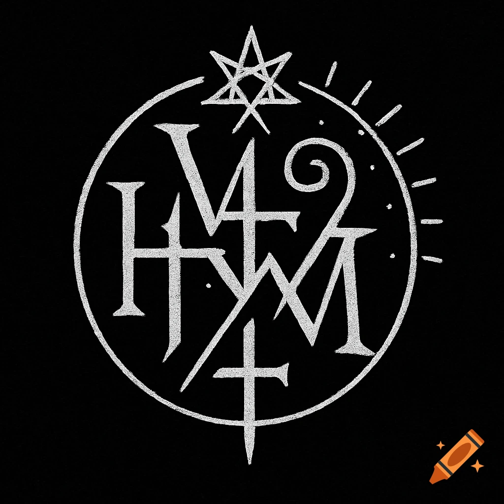 White sigil symbol combining letters and magical symbols on black background.