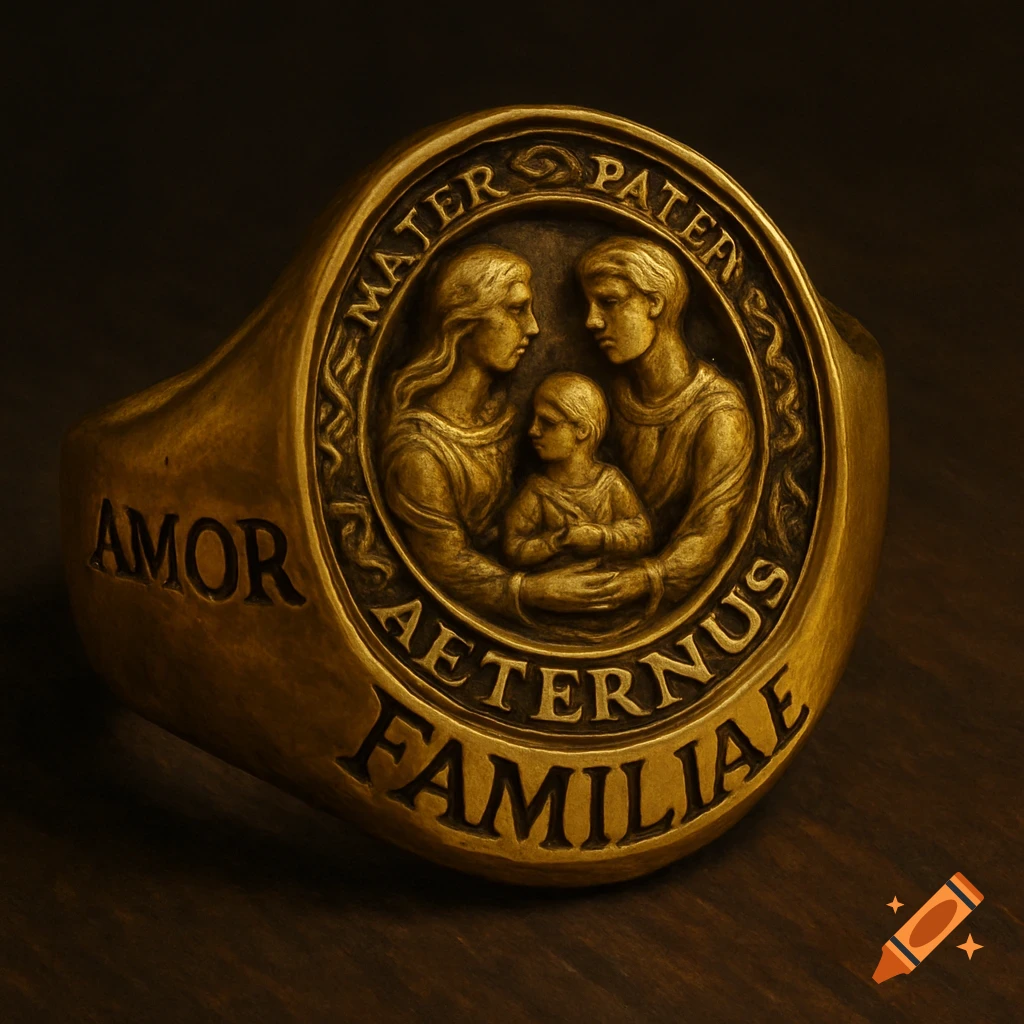Gold ring with carved family portrait and Latin text 'Amor Aeternus Familiae, Mater, Pater'.