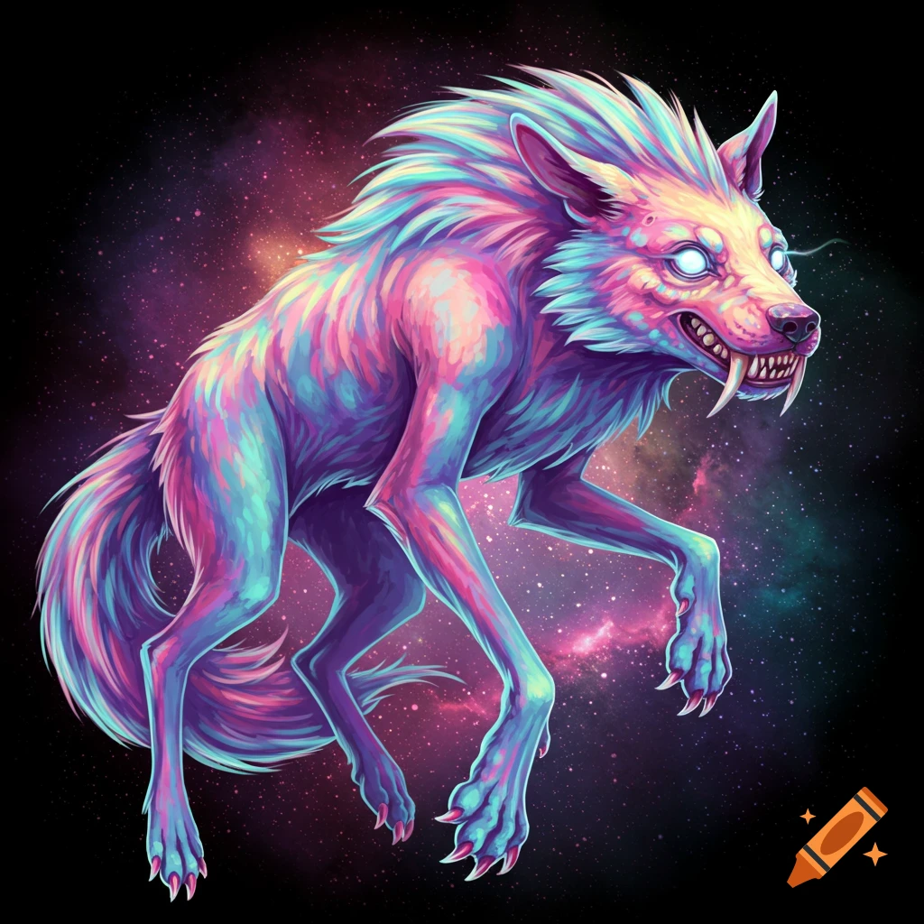 A vibrant, multi-colored wolf-like fantasy creature with glowing eyes in a space background.