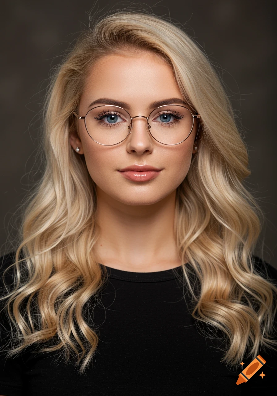 Close-up portrait of a blonde woman wearing glasses