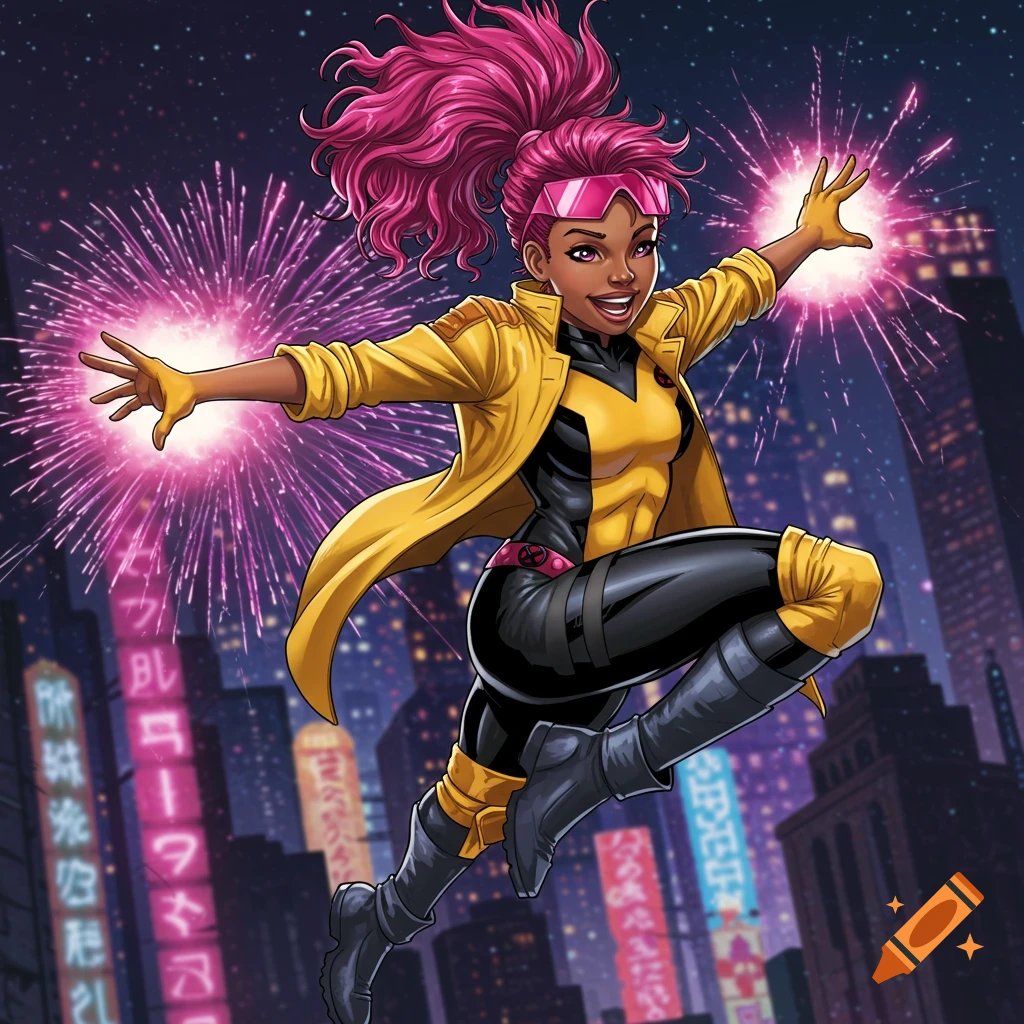 Comic illustration of Jubilee from X-Men flying, shooting pink energy blasts in a city at night.