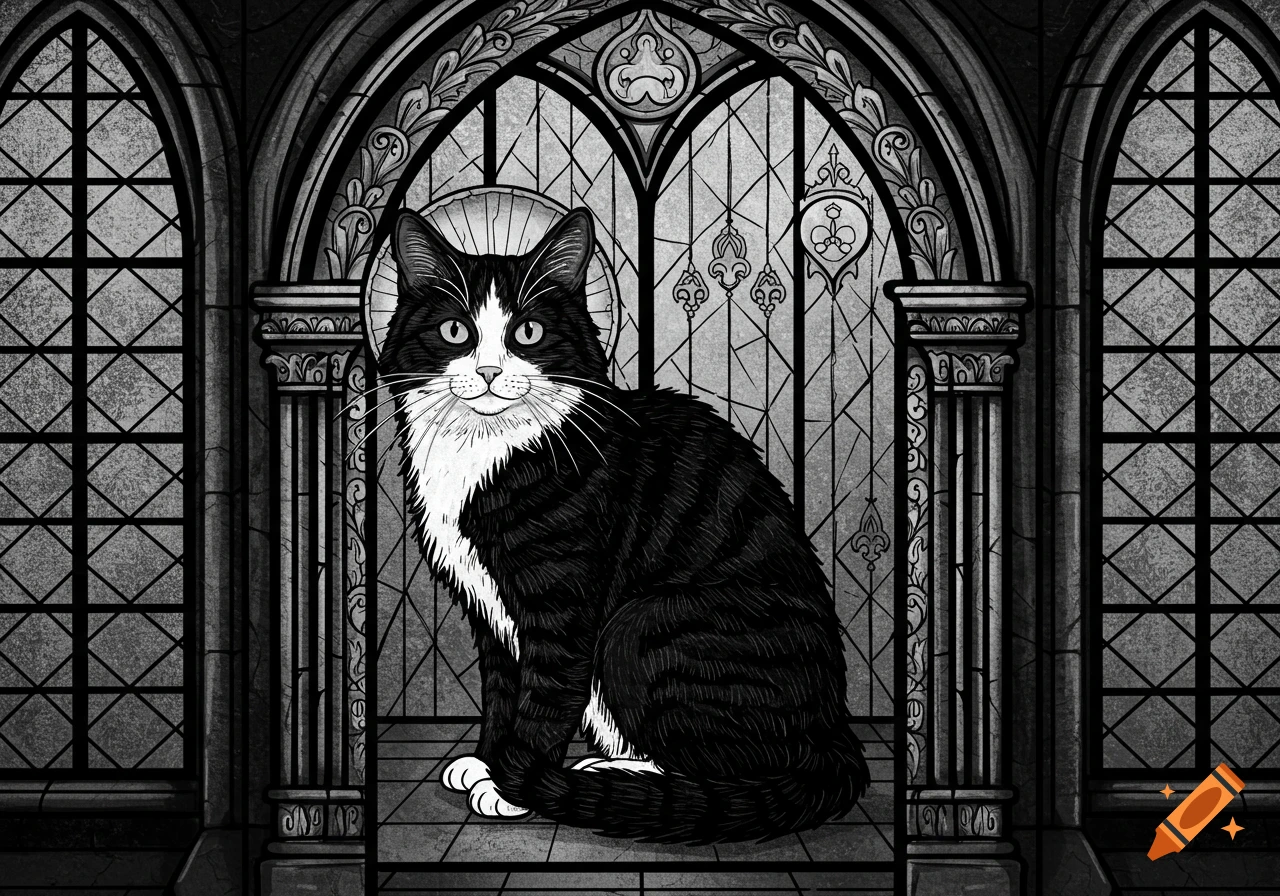 Black and white drawing of a tuxedo cat in front of a gothic church window.