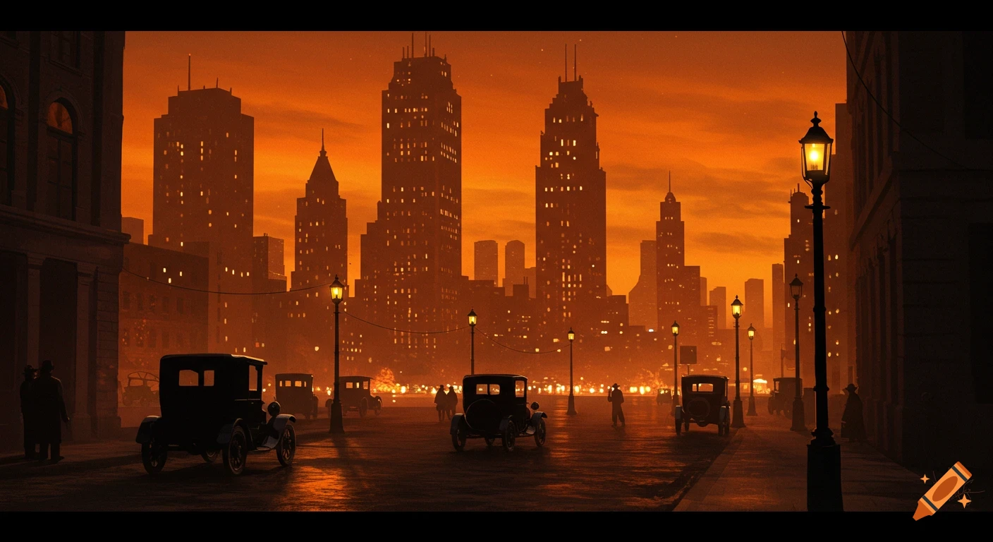 1920s city street at night with classic cars and buildings under an orange sky