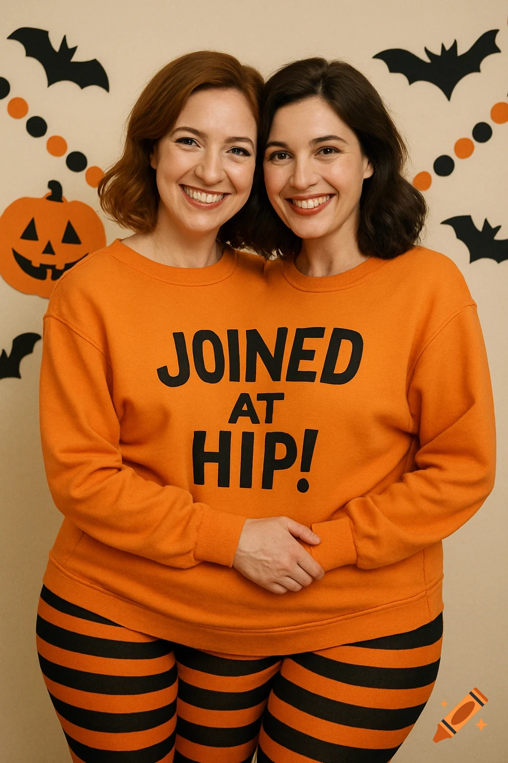 Two women in a shared orange 'Joined at Hip!' sweatshirt and striped pants stand in front of Halloween decorations.
