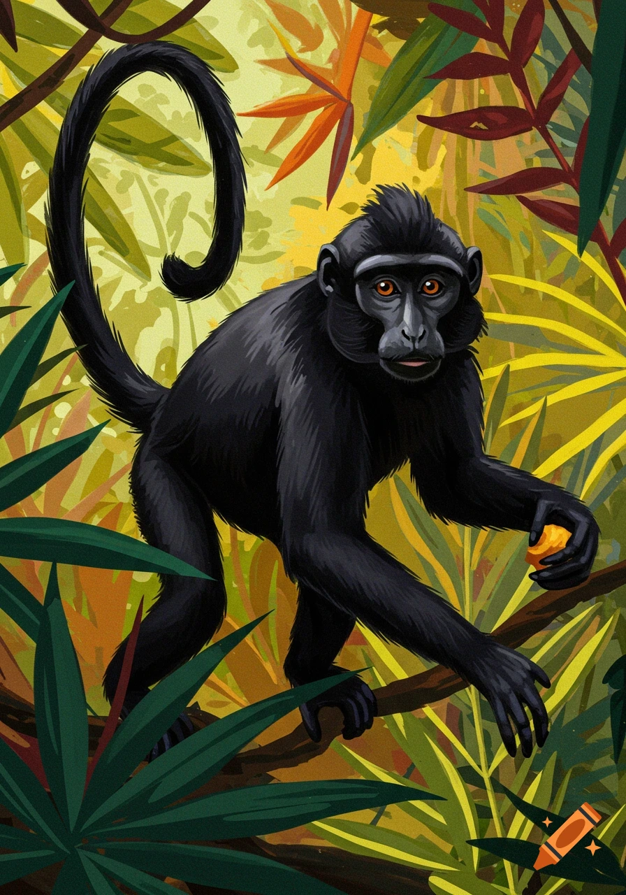 Black monkey holding an orange in a stylized jungle painting