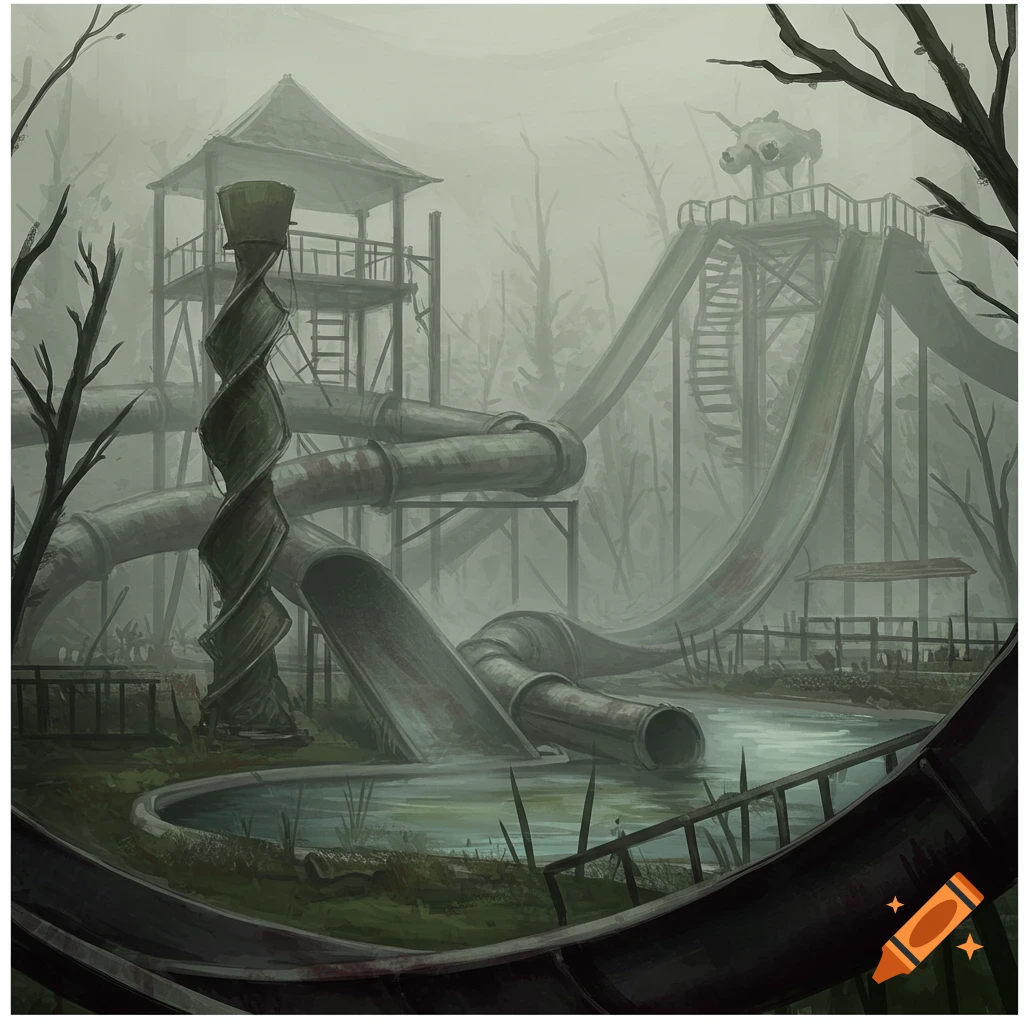 An abandoned and decaying water park in a foggy, overgrown environment. Dilapidated slides lead into a murky pool.